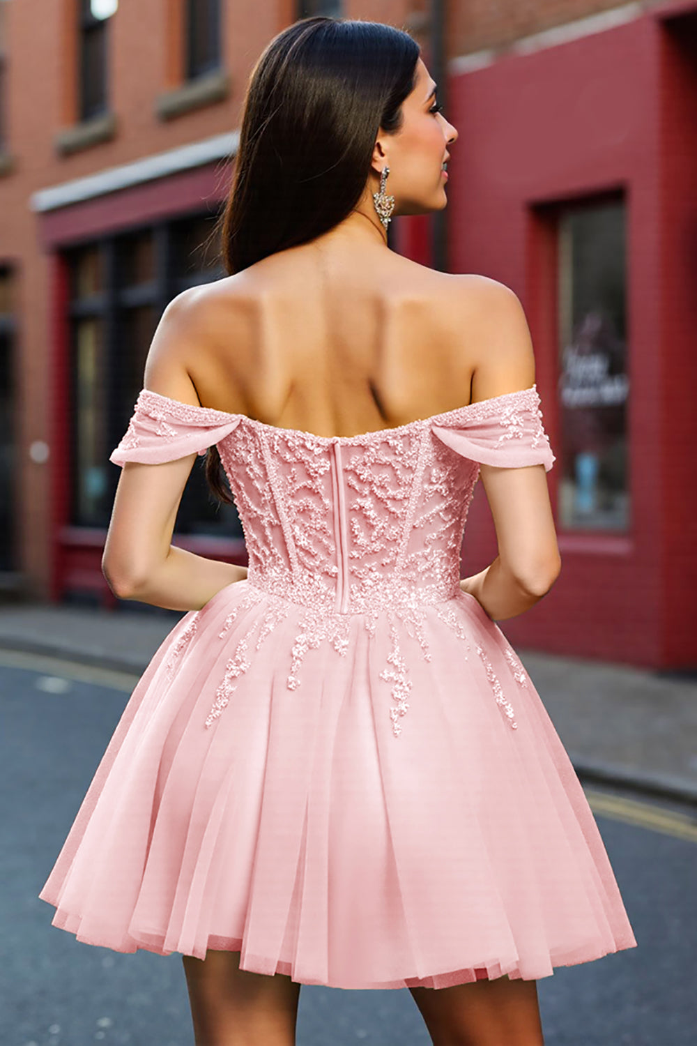 Blush A Line Corset Tulle Short Homecoming Dress with Lace