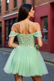 Blush A Line Corset Tulle Short Homecoming Dress with Lace