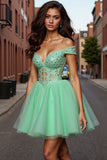 Sparkly Light Green Tulle A Line Corset Short Homecoming Dress with Lace