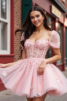 Blush Corset Tulle Short Floral Homecoming Dress