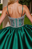Sparkly Dark Green Satin Short Homecoming Dress with Beading