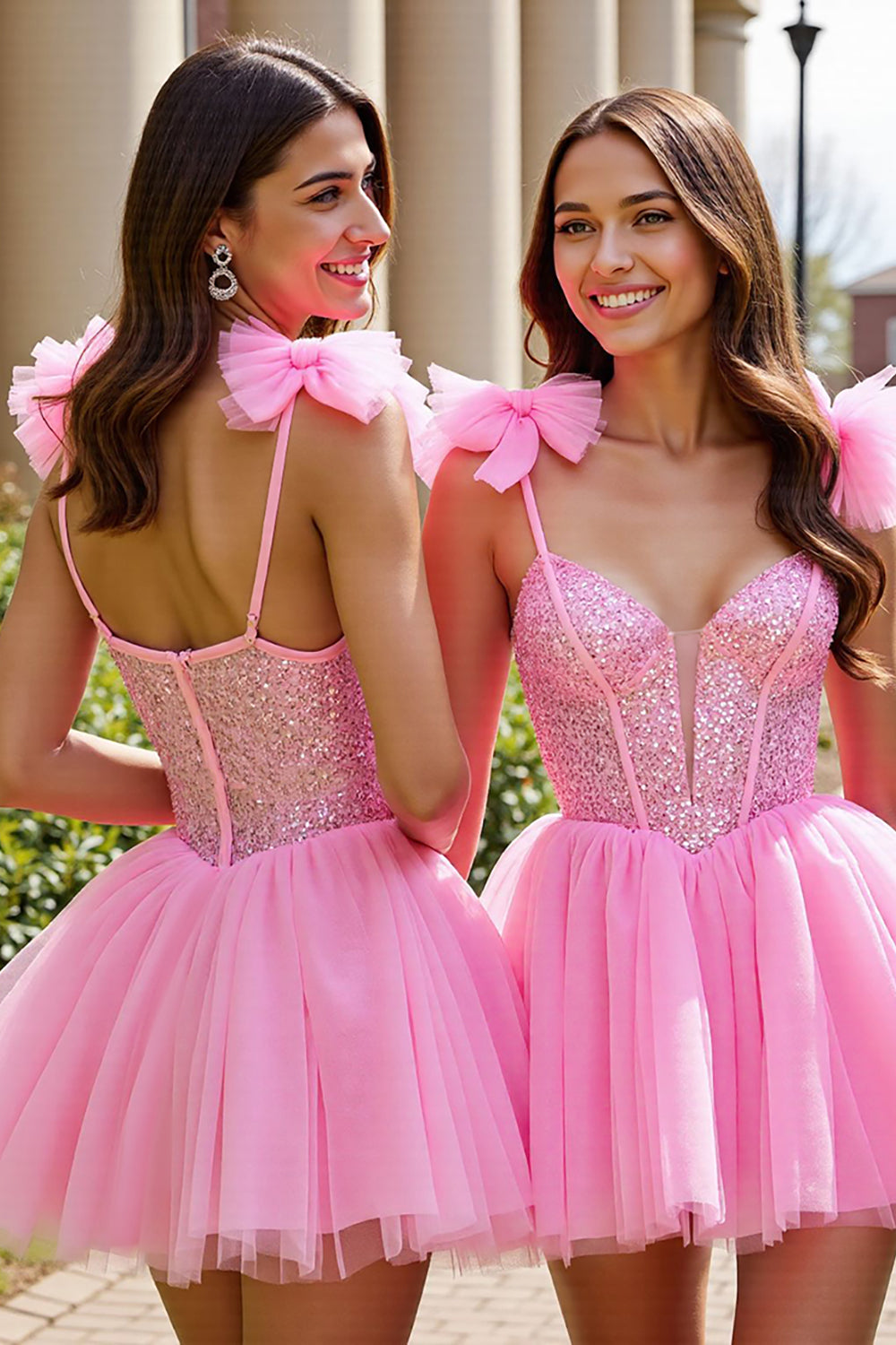 Sparkly Pink A Line Short Tulle Homecoming Dress with Sequins