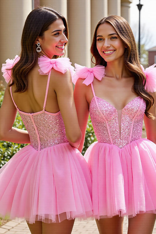 Sparkly Pink A Line Short Tulle Homecoming Dress with Sequins