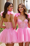 Sparkly Pink A Line Short Tulle Homecoming Dress with Sequins