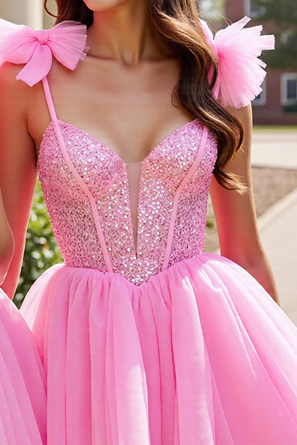 Sparkly Pink A Line Short Tulle Homecoming Dress with Sequins
