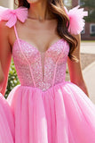 Sparkly Pink A Line Short Tulle Homecoming Dress with Sequins