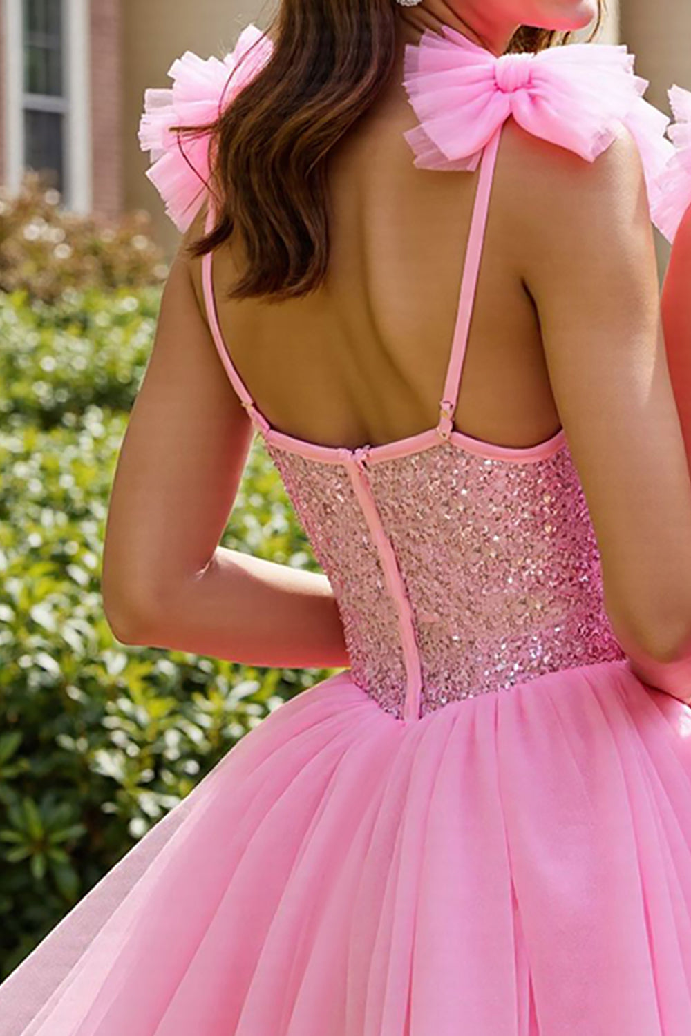 Sparkly Pink A Line Short Tulle Homecoming Dress with Sequins