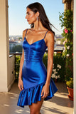 Royal Blue Short Satin Tight Homecoming Dress with Ruffles