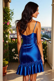 Royal Blue Short Satin Tight Homecoming Dress with Ruffles