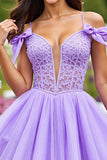 Lavender A Line Corset Short Tulle Homecoming Dress with Lace
