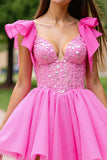 Sparkly Pink Tulle Corset Short Homecoming Dress with Beading