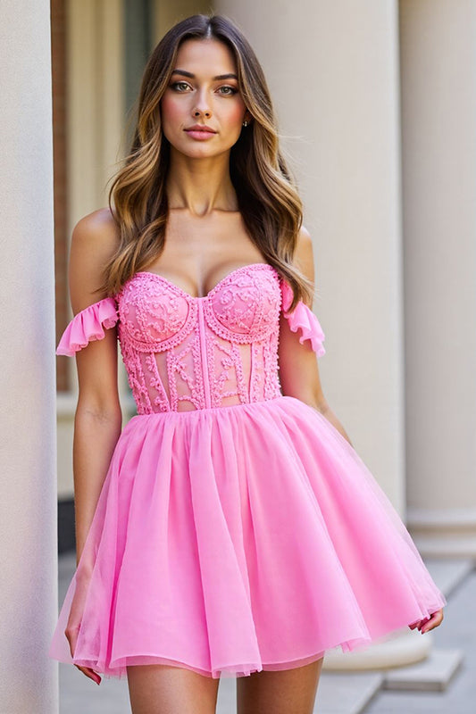Pink Corset Ruffled Short Tulle Homecoming Dress with Lace