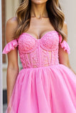 Pink Corset Ruffled Short Tulle Homecoming Dress with Lace