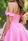 Pink Corset Ruffled Short Tulle Homecoming Dress with Lace