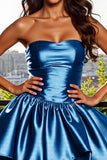 Blue A Line Strapless Metallic Short Homecoming Dress
