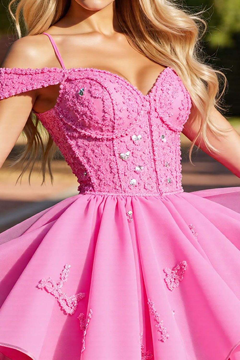 Pink Corset Cold Shoulder Short Homecoming Dress with Lace