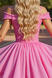 Pink Corset Cold Shoulder Short Homecoming Dress with Lace