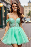 Mint Green Tulle Cold Shoulder Short Homecoming Dress with Lace