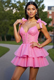 Glitter Pink Corset Short Tiered Homecoming Dress with Lace