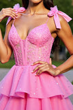 Glitter Pink Corset Short Tiered Homecoming Dress with Lace