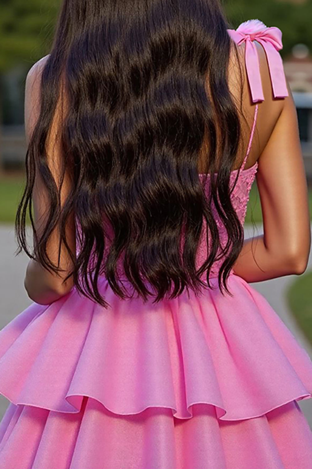 Zapaka Women Ruffled Pink Homecoming Dress Corset Tiered A Line Spaghetti Straps Short Party Dress with Bows, Pink / US10 Zapaka Women Ruffled Pink Homecoming Dress Corset Tiered A Line Spaghetti Straps Short Party Dress with Bows, Pink / US10