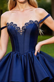 Navy Corset Short Floral Satin Homecoming Dress