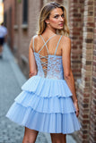 Sky Blue Tulle Tiered Corset Short Homecoming Dress with Lace