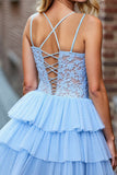 Sky Blue Tulle Tiered Corset Short Homecoming Dress with Lace
