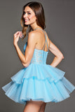 Sky Blue Tulle Corset Short Homecoming Dress with Lace