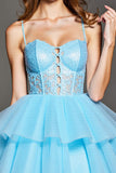 Sky Blue Tulle Corset Short Homecoming Dress with Lace