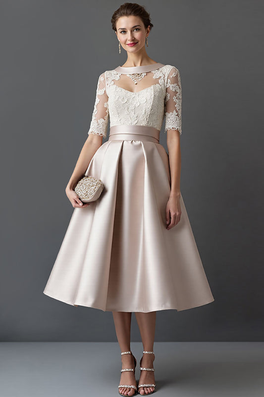 Apricot A Line Satin Midi Mother of the Bride Dress with Lace