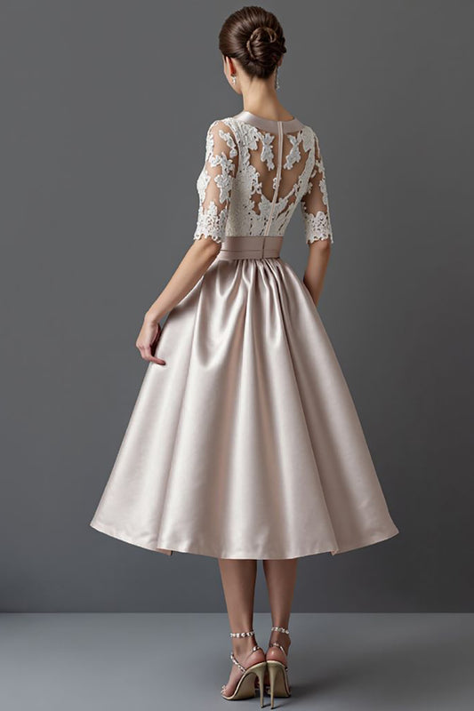 Apricot A Line Satin Midi Mother of the Bride Dress with Lace
