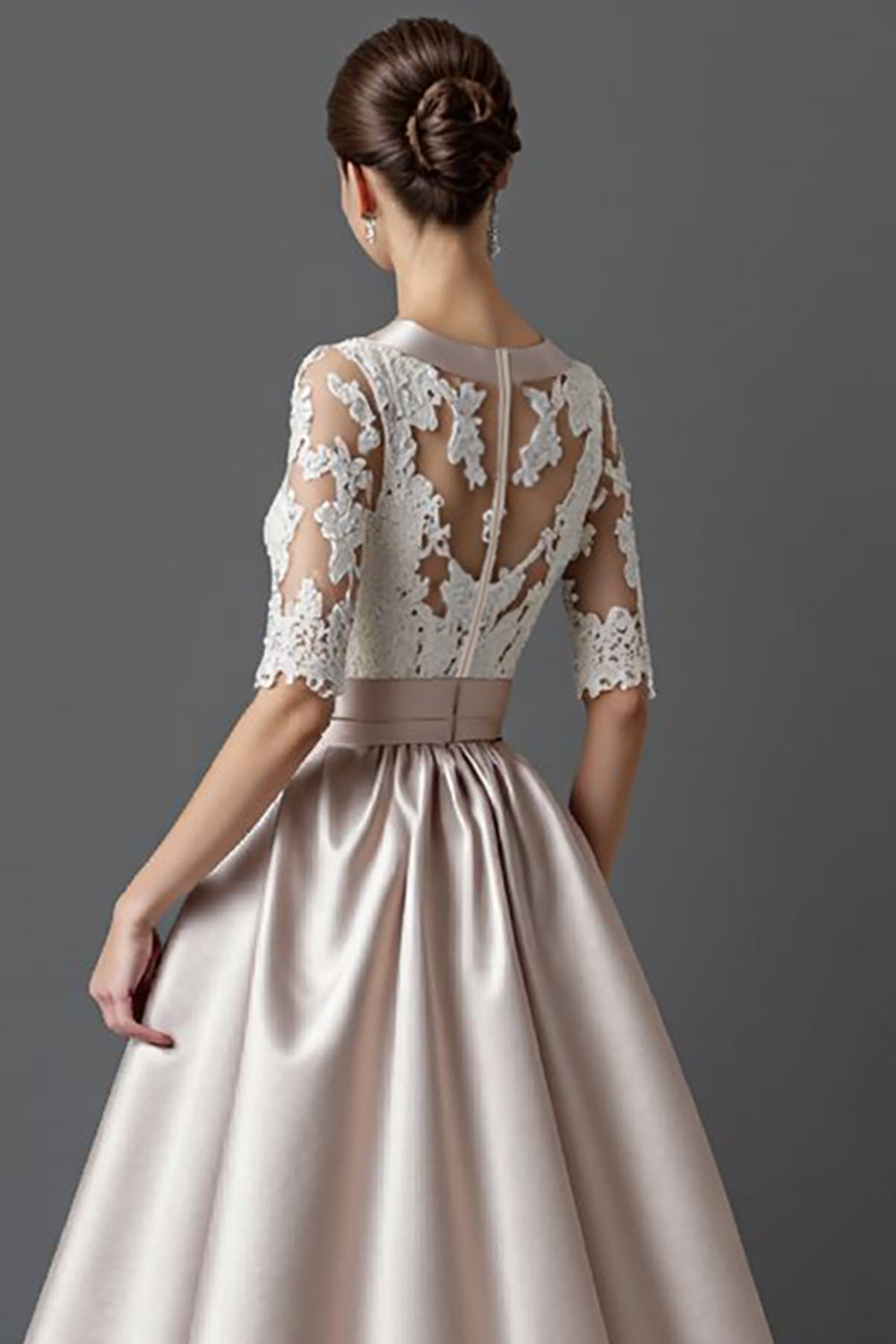 Apricot A Line Satin Midi Mother of the Bride Dress with Lace