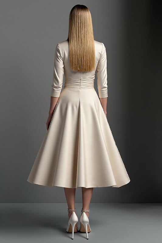 Apricot Satin A Line V-Neck Midi Mother of the Bride Dress