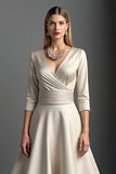 Apricot Satin A Line V-Neck Midi Mother of the Bride Dress