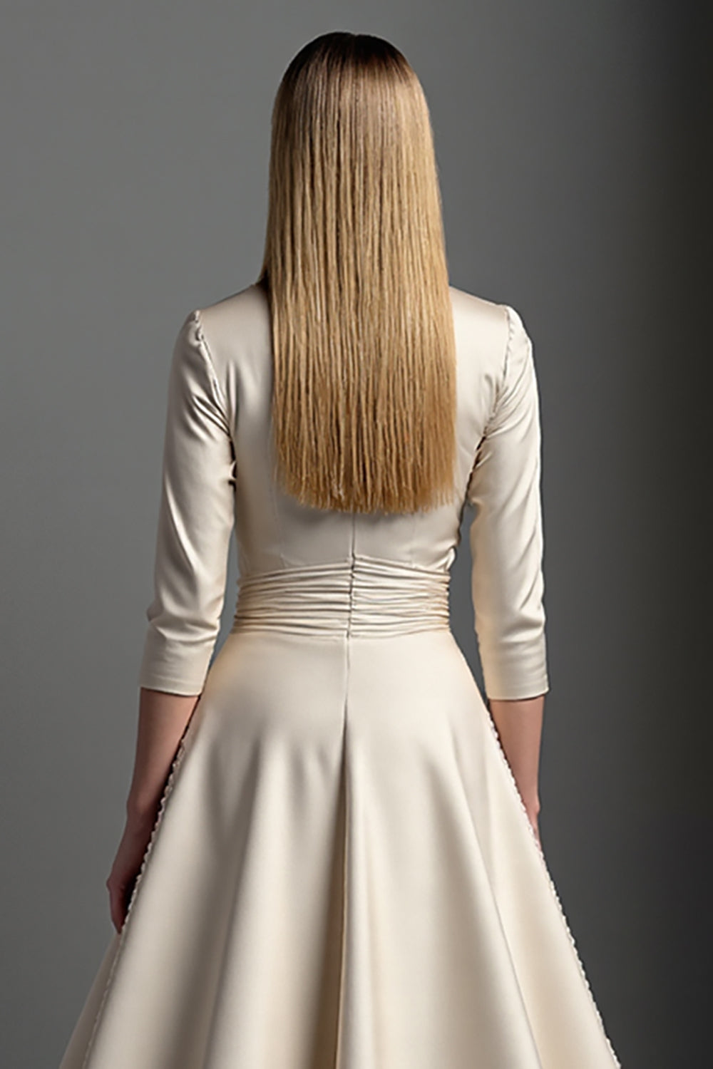 Apricot Satin A Line V-Neck Midi Mother of the Bride Dress
