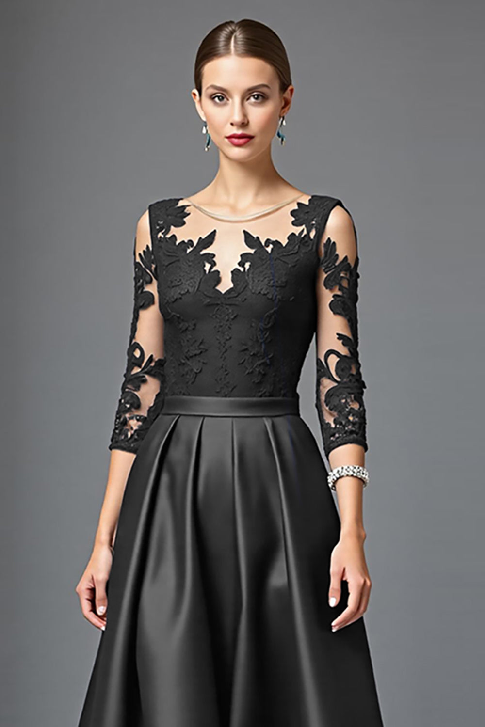 Black Satin A Line Long Mother of the Bride Dress with Lace