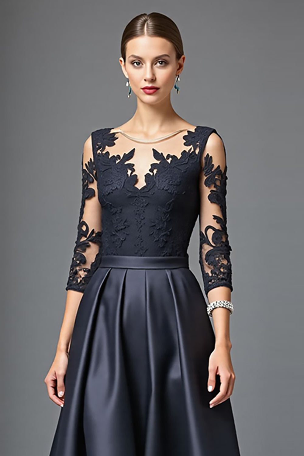 Black Satin A Line Long Mother of the Bride Dress with Lace