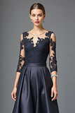 Black Satin A Line Long Mother of the Bride Dress with Lace