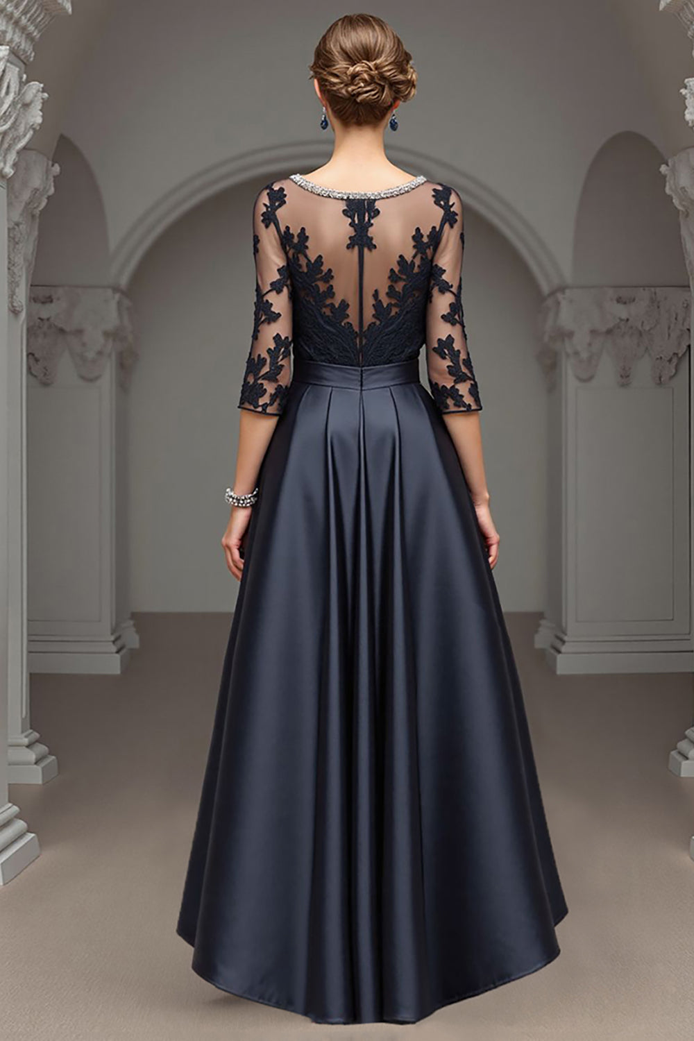 Navy A Line Long Satin Mother of the Bride Dress with Lace