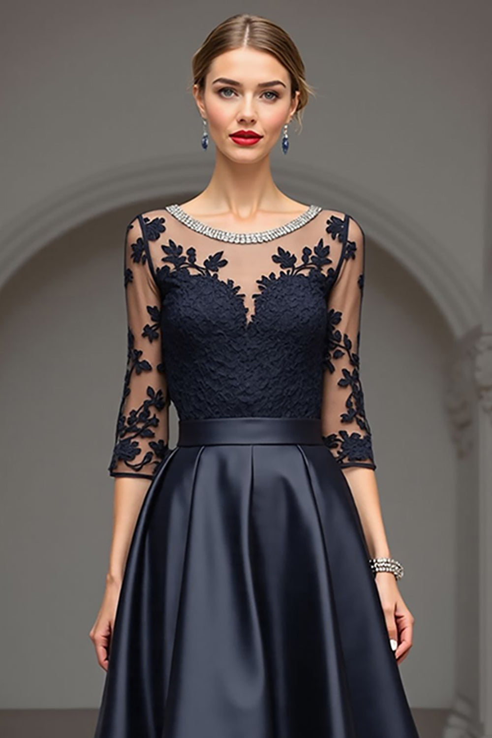 Navy A Line Long Satin Mother of the Bride Dress with Lace