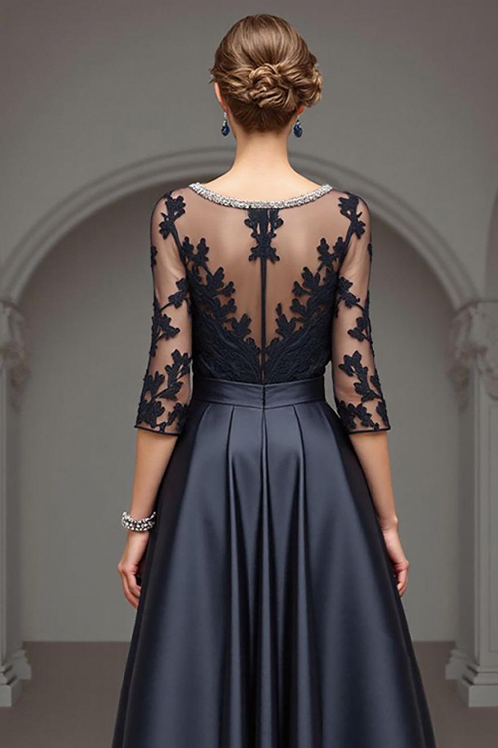 Navy A Line Long Satin Mother of the Bride Dress with Lace