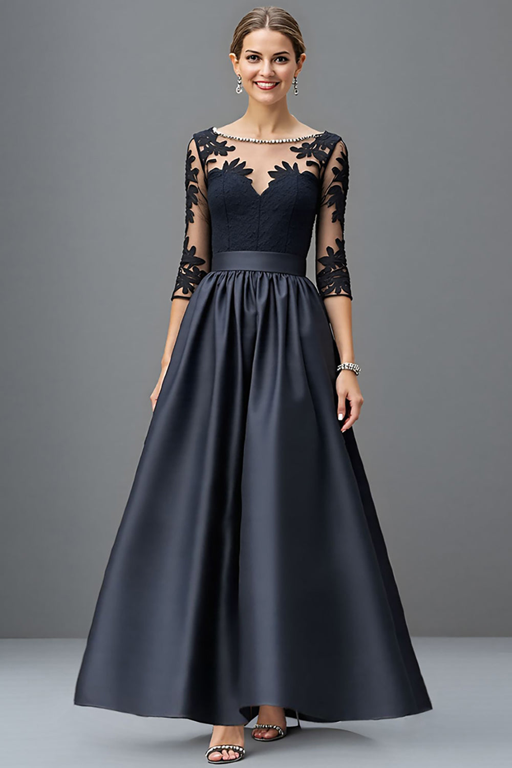 Navy Satin A Line Long Mother of the Bride Dress with Lace