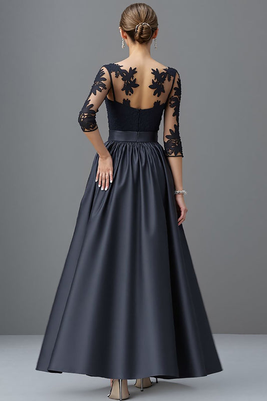 Navy Satin A Line Long Mother of the Bride Dress with Lace