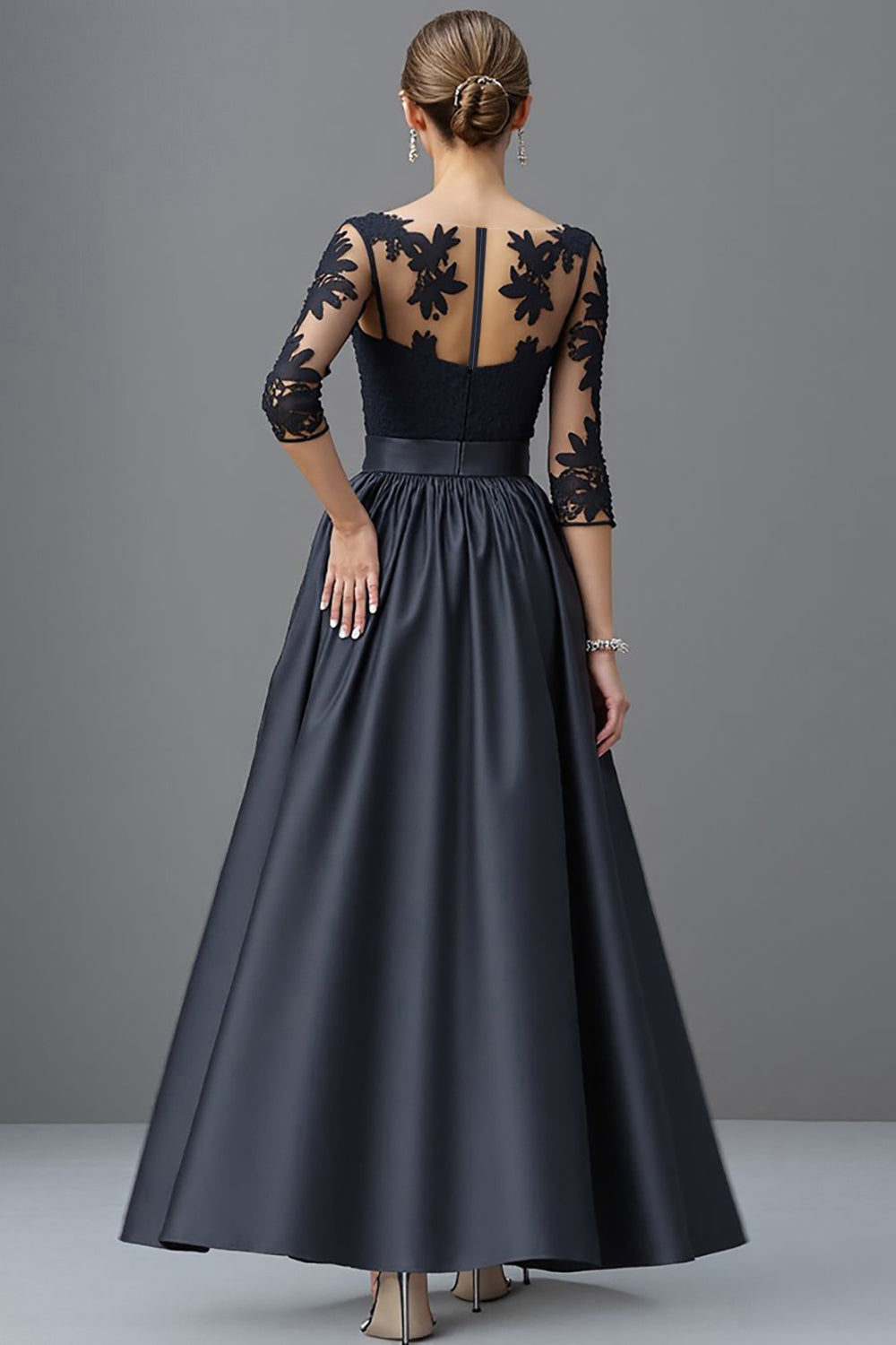 Navy Satin A Line Long Mother of the Bride Dress with Lace