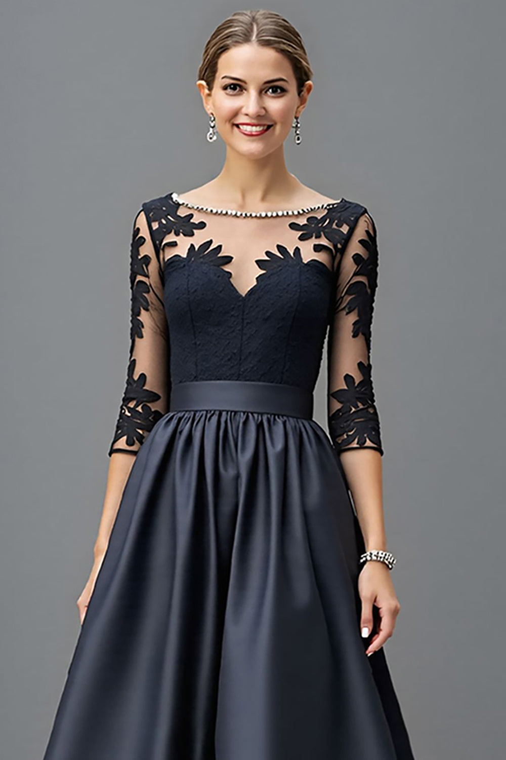 Navy Satin A Line Long Mother of the Bride Dress with Lace
