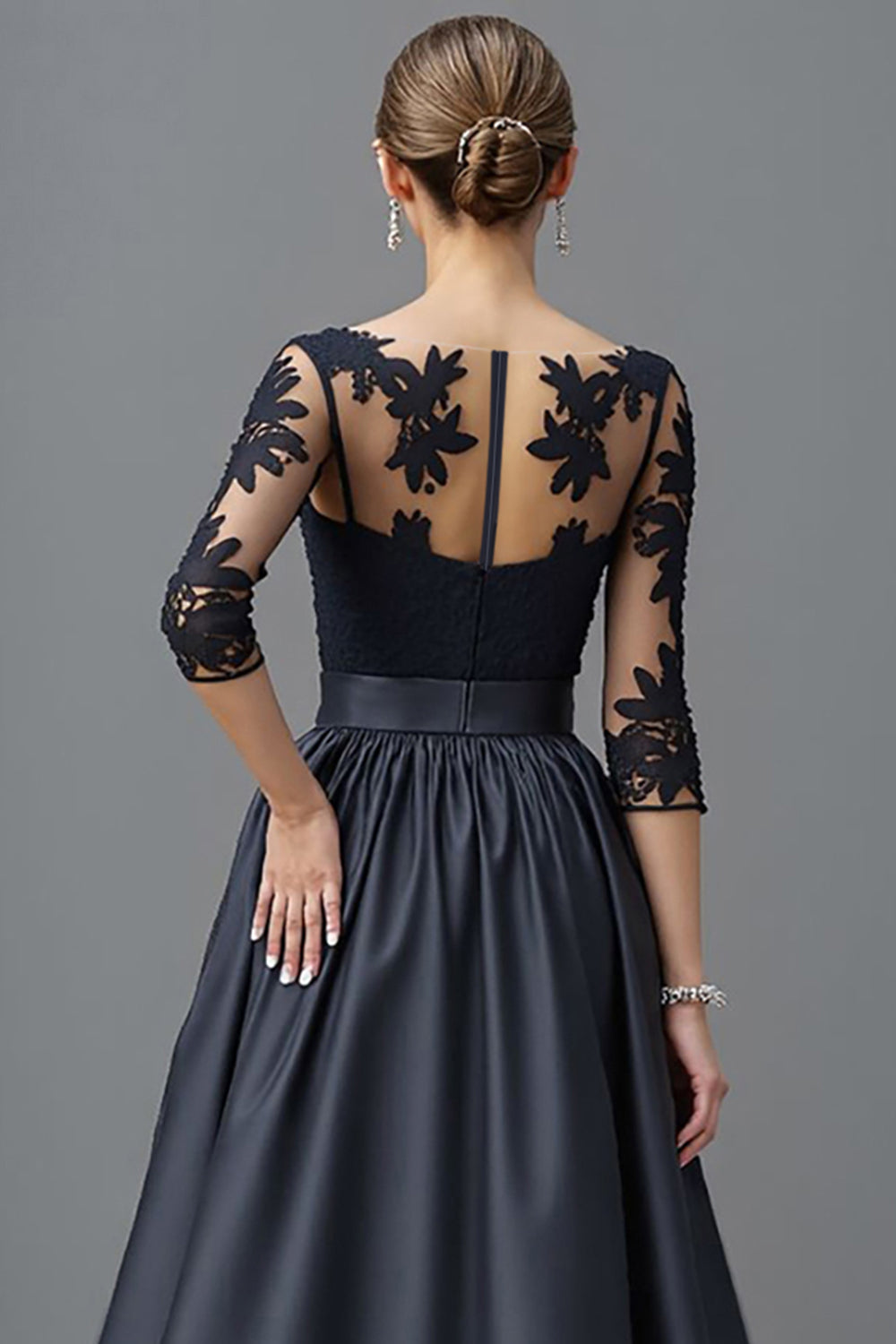 Navy Satin A Line Long Mother of the Bride Dress with Lace