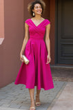Fuchsia Satin A Line V-Neck Midi Mother of the Bride Dress