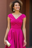Fuchsia Satin A Line V-Neck Midi Mother of the Bride Dress