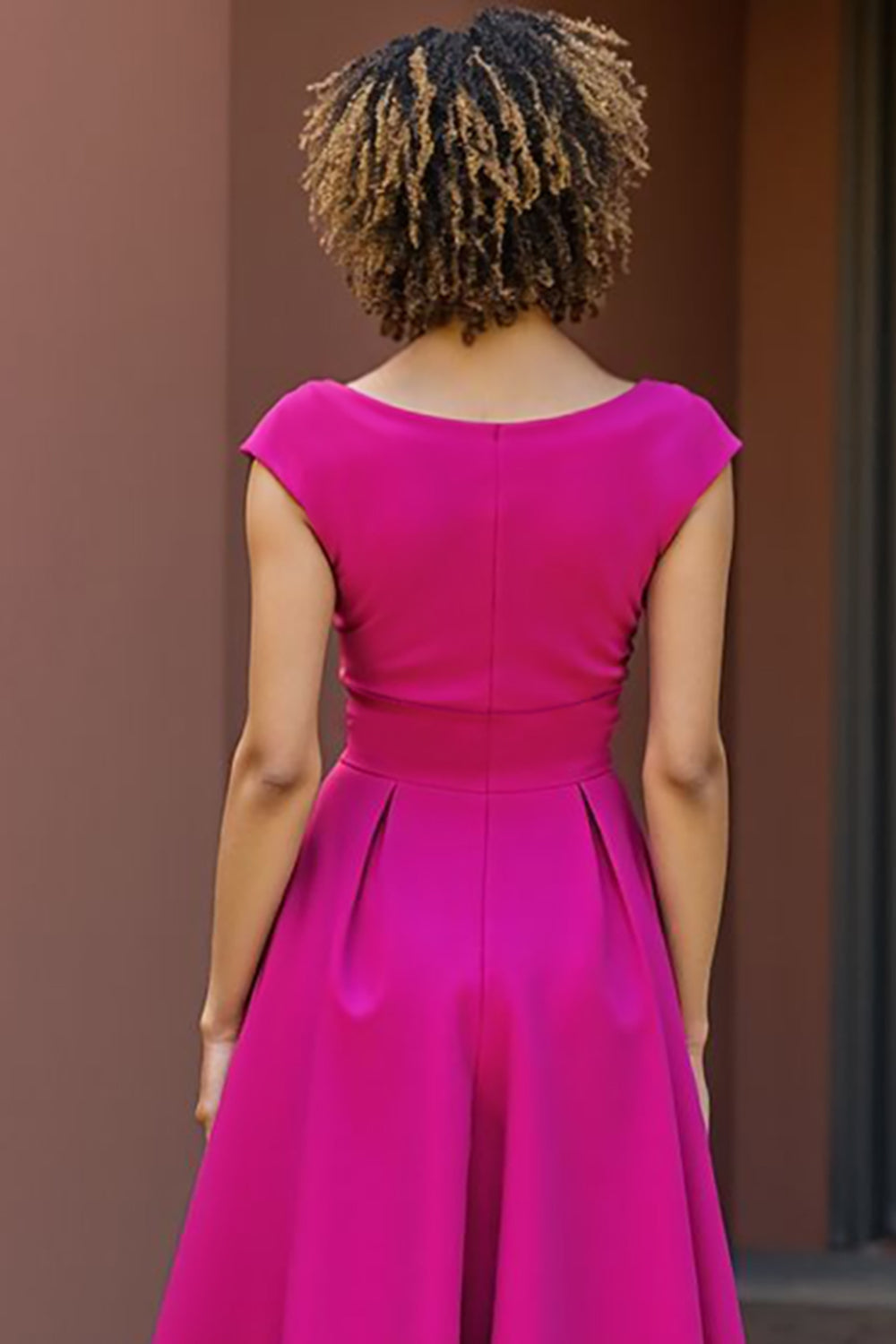 Fuchsia Satin A Line V-Neck Midi Mother of the Bride Dress